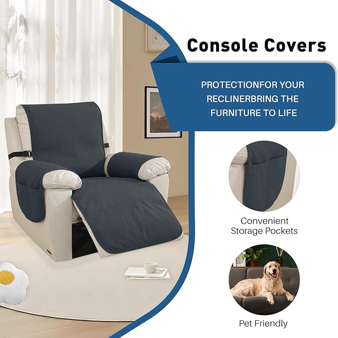 Easehomey Waterproof Recliner Chair Cover, Non-Slip Recliner Cover with Elastic Straps Two Pockets Slipcover Washable Lazy Boy Reclining Chair Cover Furniture Protector for Kids,Pets(Dark Grey,23.6")