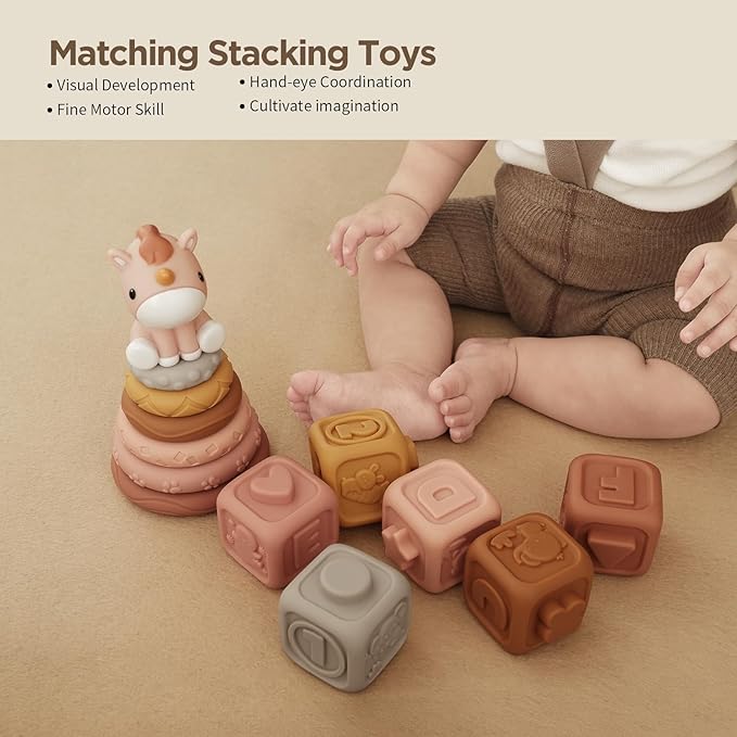 Nueplay 13 Pcs Building Circle & Blocks, Stacking & Nesting Baby Toys with Horse Figure, Newborn Essentials Squeeze Teething Toy Gifts for 6 12 18 Months Baby Toddler Girls