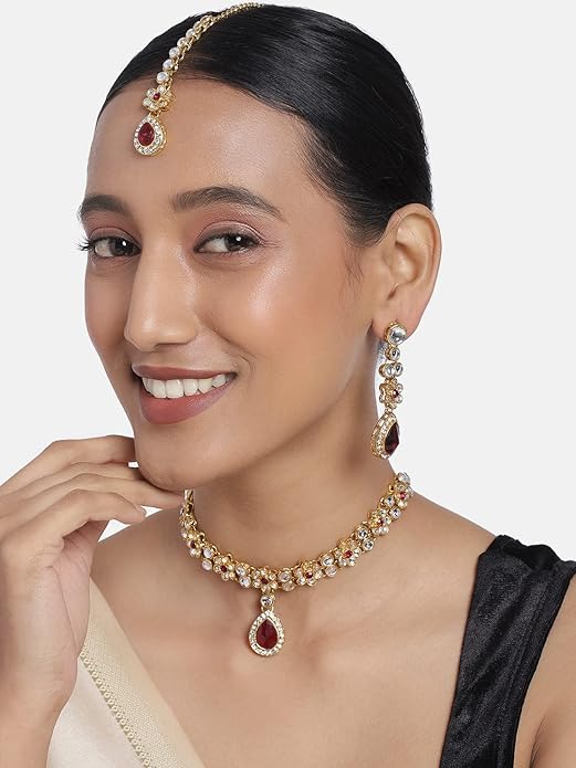 Aheli Traditional Gold Plated Kundan Beads Studded Choker Necklace Dangle Earrings & Maangtikka Set Ethnic Fashion Jewellery Gift for Women