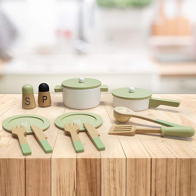 Teamson Kids - Little Chef Frankfurt Wooden Cookware Play Kitchen Accessories for Toddler Boys and Girls, Cookware Set Includes Utensils, Pots, Pans, Plates