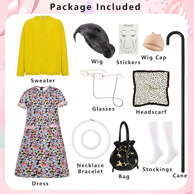 Kids Old Lady Costume for Girls 100 Day of School Costume Girls Grandma Costume Dress 100th Day of School Costume