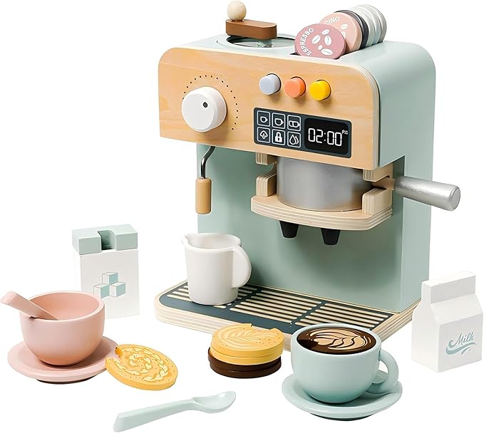 Kids Coffee Maker Playset, 23PCS Wooden Kitchen Toys, Play Kitchen Accessories for Toddler, Espresso Machine Playset Montessori Kitchen Toy, Gift for Boys and Girls 3 4 5 Years