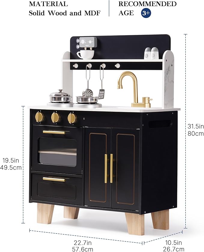 ROBUD Play Kitchen Set - Wooden Marble-Style Kitchen Playset with Realistic Stove, Oven & Sink for Kids Ages 3+