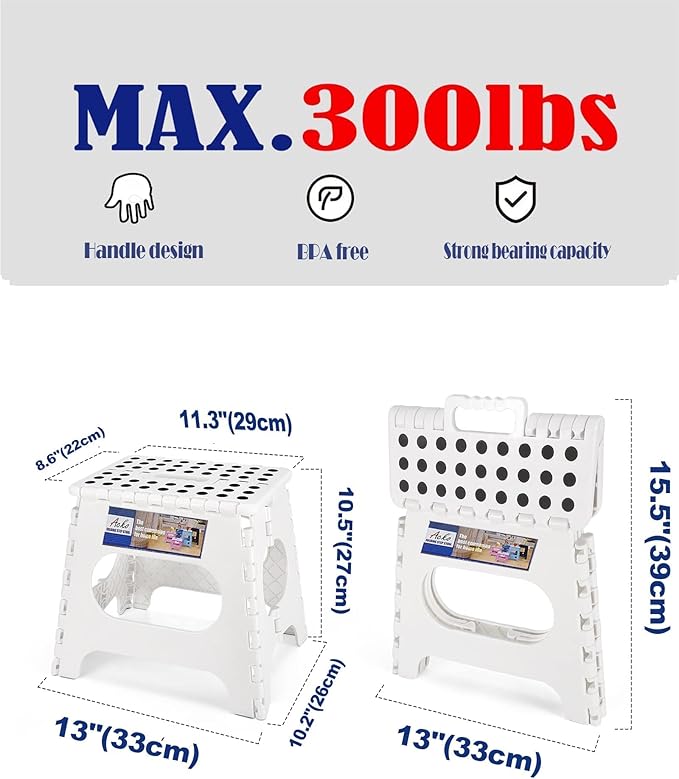Acko Folding Step Stool Lightweight Plastic Step Stool - 11 inch Foldable Step Stool for Adults,Non Slip Folding Stools for Kitchen Bathroom Bedroom White