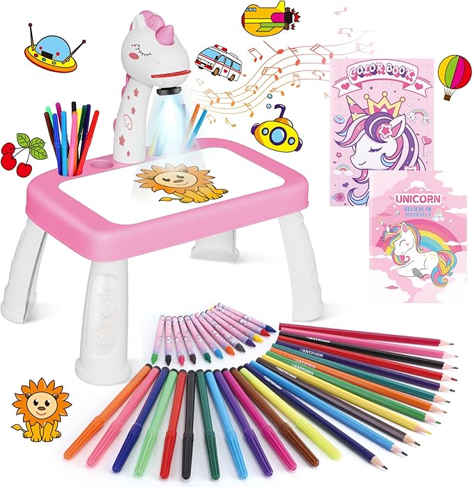 Drawing Projector for Kids, Drawing Board with Music, Color Pens, Pencils, Crayons, Scrapbook, Unicorn Sticker Book, Ideal Toy for 3+ Year Old Girls & Boys (Unicorn Kit)