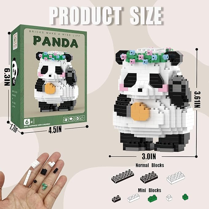 Mini Building Blocks Flower-Crowned Panda, Party Favors- Micro Blocks Panda Toy for Kids 6 7 8 9 10+, Mini Blocks Building Sets for Adults, Birthday for Boys and Girls(599PCS)