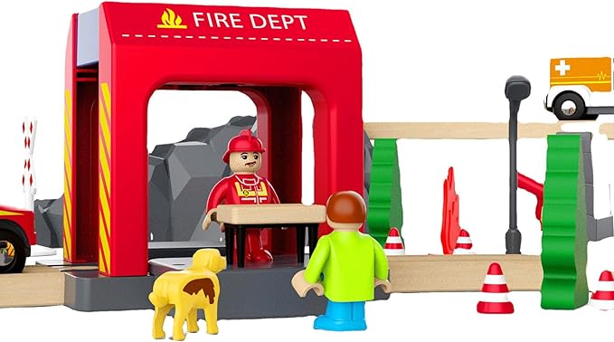 Wooden Train Track Expansion Pack, Train Accessories of City Fire Station Compatible for All Major Brands Train Set, Train Toys Railway System for Kids Ages 3 and Up.
