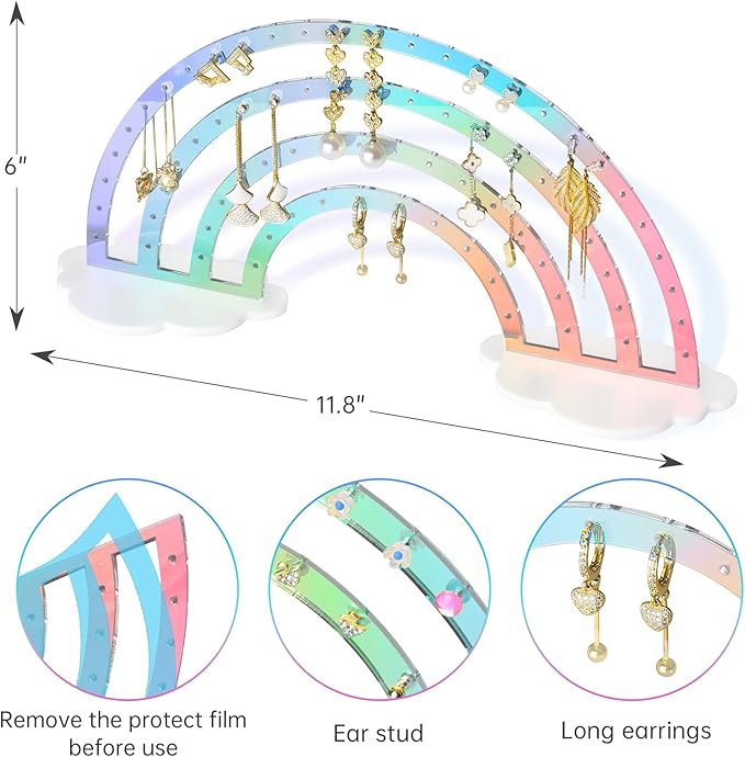 NiHome Iridescent Earring Organizer Set - 74-Hole Display Rack for Studs, Dangles and Hoops - Rainbow Iridescent Finish - Clear Acrylic - Ideal for Girls and Women