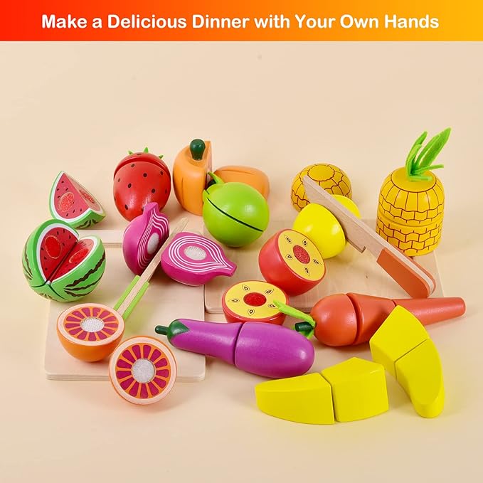 FUN LITTLE TOYS 35PCS Wooden Play Food for Kids Kitchen, Pretend Cutting Food Toys with Wooden Tray, Dishes and Knife for Kids, Pretend Play Food for Christmas Birthday Gifts