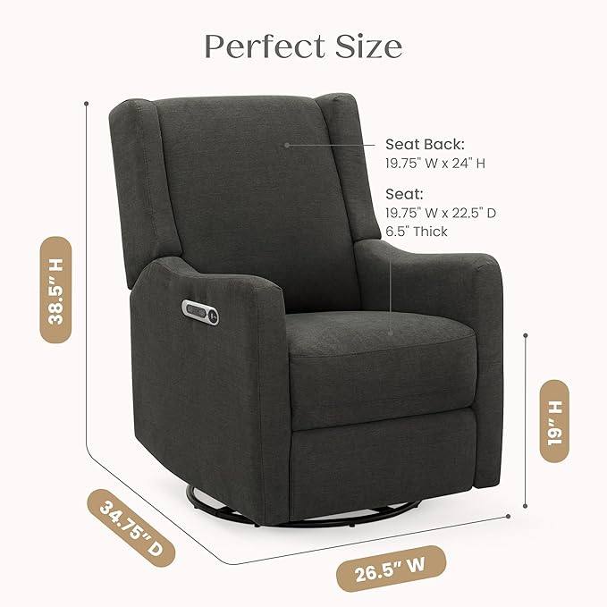 Delta Children Mercer Electronic Power Recliner and Swivel Glider with USB and Type-C Ports in LiveSmart Performance Fabric - Water Repellent & Stain Resistant, Dark Grey