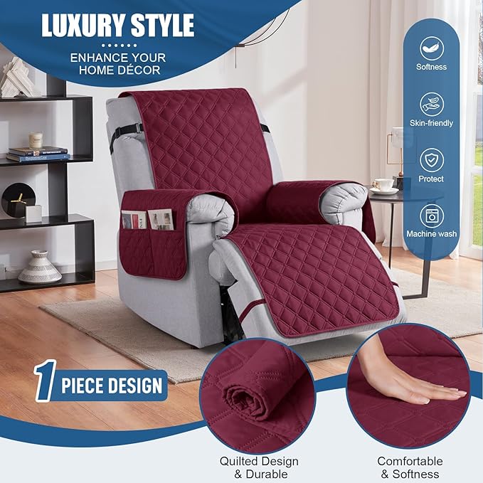 TAOCOCO 100% Waterproof Recliner Covers, Recliner Sofa Covers with Leg Straps, Reversible Recliner Couch Cover for Reclining Chair, Washable Couch Protector for Pets Kids(1 Seater 22", Wine)