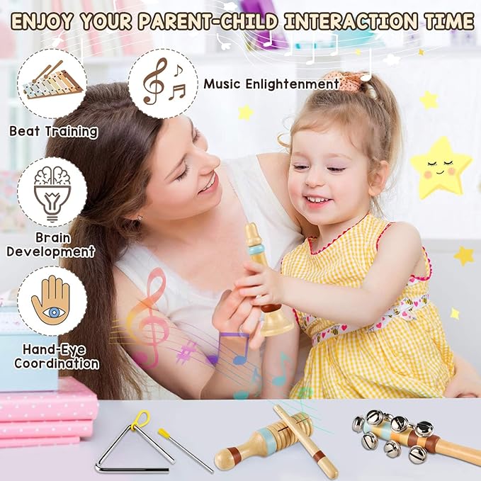 LOOIKOOS Toddler Musical Instruments Toys, Wooden Percussion Instruments Set for Kids Baby with Xylophone, Preschool Educational Musical Toys for Boys and Girls with Storage Bag(12pcs)