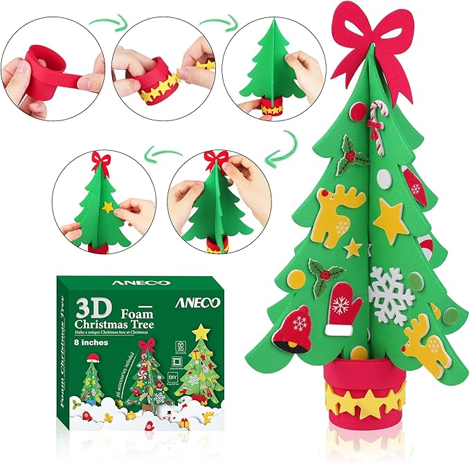 Aneco 12 Kits DIY Foam Christmas Tree Crafts Including Foam Christmas Tree Assortment Christmas Foam Stickers for Christmas DIY Home Activities