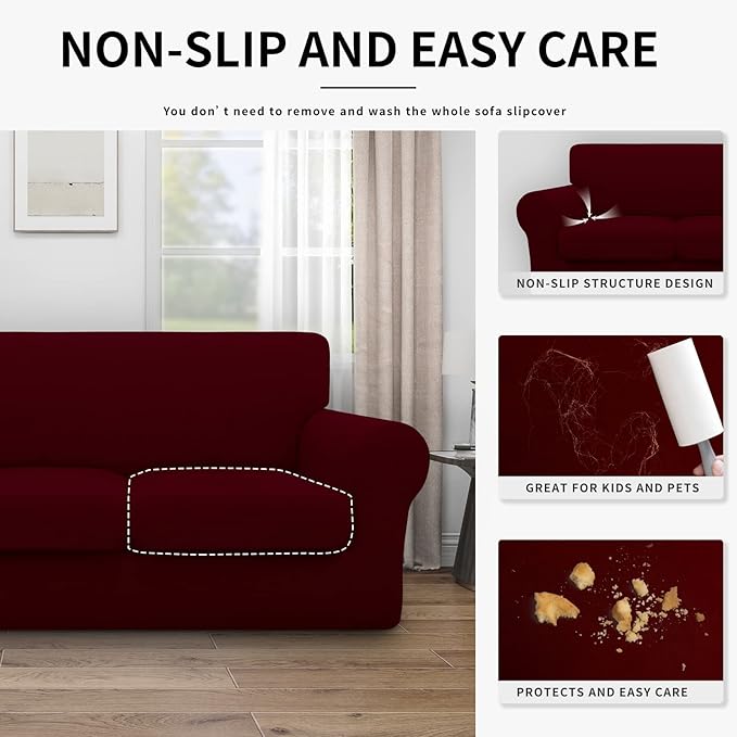 Easy-Going 100% Dual Waterproof Oversized Loveseat Cover Stretch Soft Couch Cover for Dogs, Sofa Slipcover for 2 Separate Cushion Couch Leakproof Furniture Protector for Kids, Pets Wine