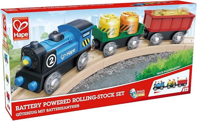 Hape Battery Powered Engine Set | Colorful Wooden Train Set, Battery Operated Locomotive with Working Lamp
