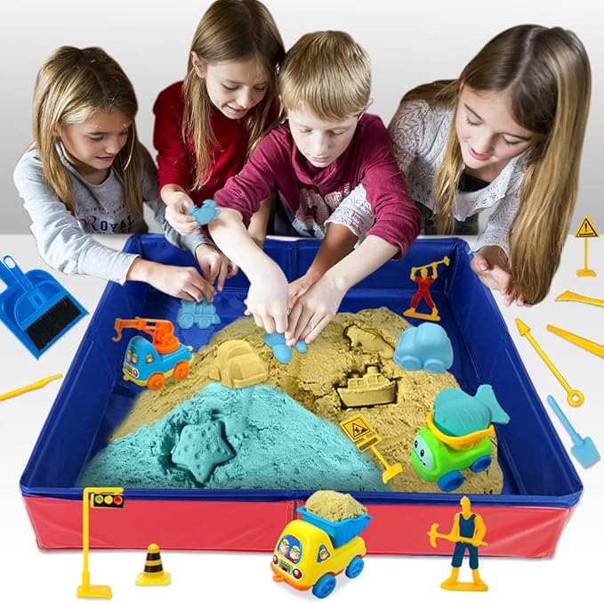 ESSENSON Play Construction Sand Kit - 3lbs Sand with 2 Colors, 6 Mini Construction Trucks, Construction Toys and Signs, Animal Mold, Modeling Tools, Foldable Sandbox, Gifts for Boys Girls