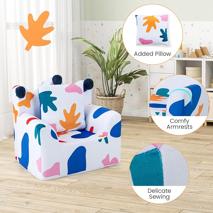 Costzon Kids Couch, Foam Filled Children's Sofa Armchair with Padded Pillow, Washable Velvet Cover & Soft Sponge Filling, Upholstered Sofa Chair Gift for Preschool, Playroom, Toddler Couch (Leaf)