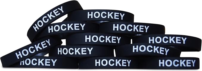 Novel Merk 12-Piece White Text Black Hockey Party Favor & School Carnival Prize Sports Silicone Wristband Bracelet