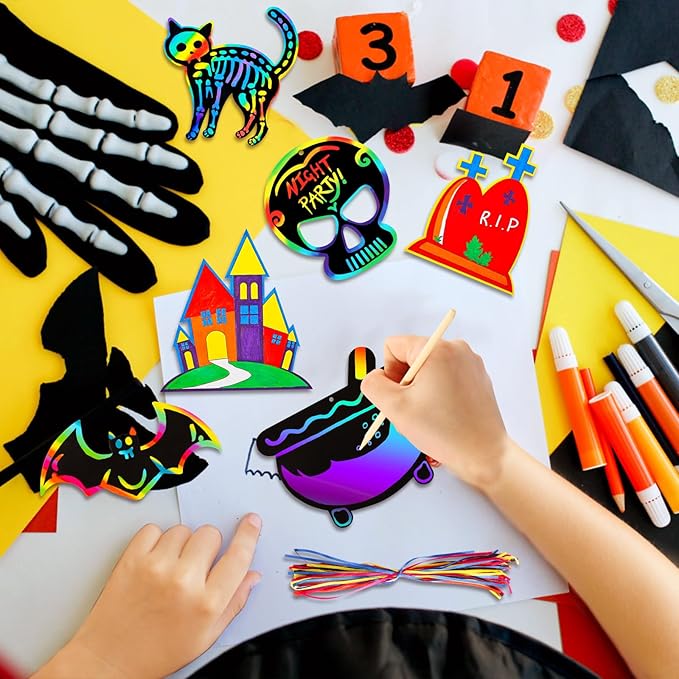 Max Fun Halloween Craft Scratch Paper Art for Kids Party Games Ornaments 96PCS Magic Rainbow Scratch Off Cards Paper Hanging Educational Toys Kit Halloween Party Supplies Birthday Gift