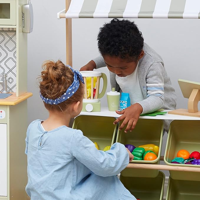 Teamson Kids Little Chef Frankfurt 13-pc. Wooden Play Kitchen Blender Accessory Set with Pretend Ingredients, Natural/Green