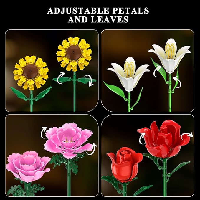Flower Bouquet Building Set - 1000 PCS Bouquet Botanicals Collection Gift for Valentine's Day for Her and Him, 15 Artificial Flowers Building Blocks Home Plant Decor for Adults Women Birthday
