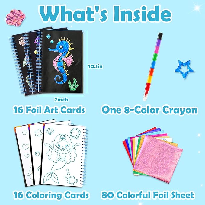 Foil Art Craft Activity for Kids: Fun DIY Toy Sticker Kit, No Mess Creative Travel Supply Set, Idea Birthday Easter Basket Stuffers Valentines Gift for Girl Boy Toddler 4 5 6 7 8 9 Year Old (Ocean)