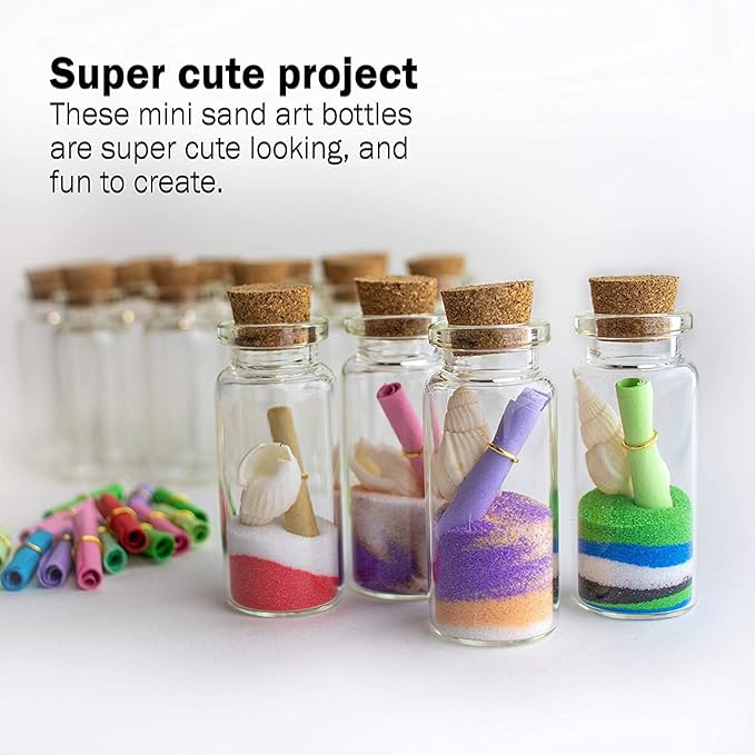 Upper Midland Products Sand Art Wishing Bottles, Bulk Sand Art She Shell Set, 20 Glass Bottles, 50 Seashells, 7 Color Sand, 20 Letter Paper, 3 funnels