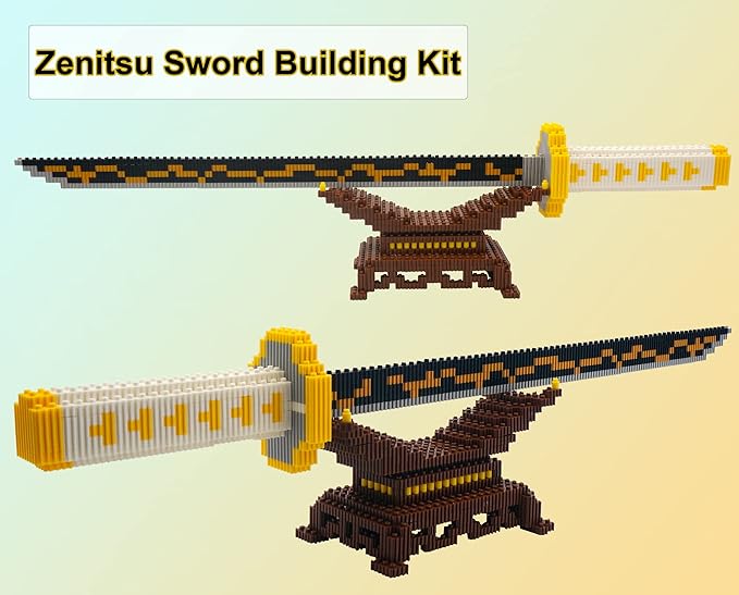 Demon Slayer Sword Building Kit, 19in Cosplay Anime Samurai Zenitsu Sword Building Blocks with Sword Stand, Demon Slayer Katana Sword Model Decor Building Brick Gift for Kid, Adult