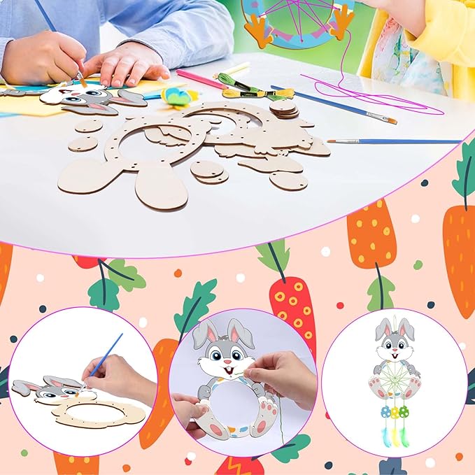 Fennoral 5 Pack Easter Dream Catcher Craft Kit for Kids Paint You Own Bunny Chick Dream Catcher Ornament DIY Coloring Wooden Easter Art and Craft for Art Activity Project Easter Decoration