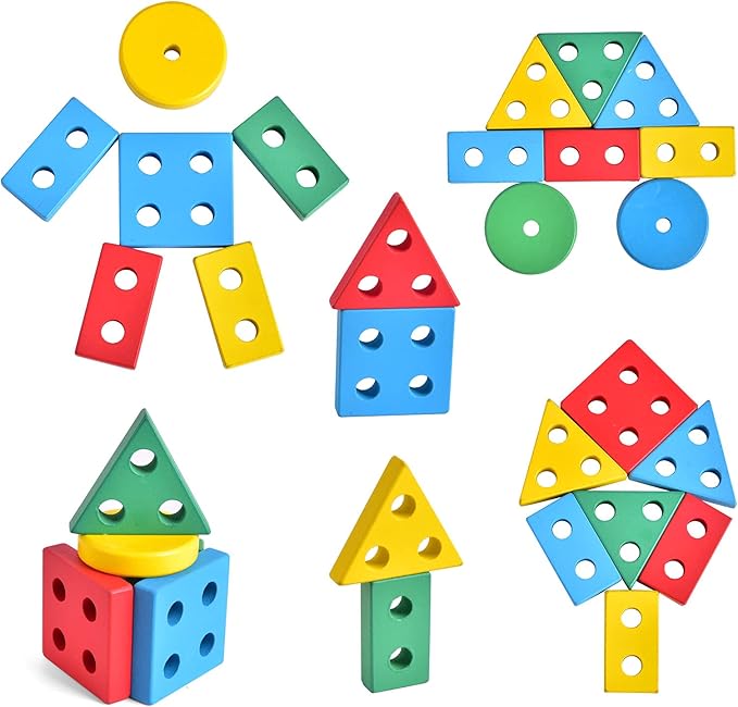 FUN LITTLE TOYS Stacking Train, Shape Sorter Wooden Toys(23 pcs), Sorting & Stacking Toys for Toddler 3, Montessori Toys for 3 Year Old Boy Girl Gifts, Kids Wooden Train Toy