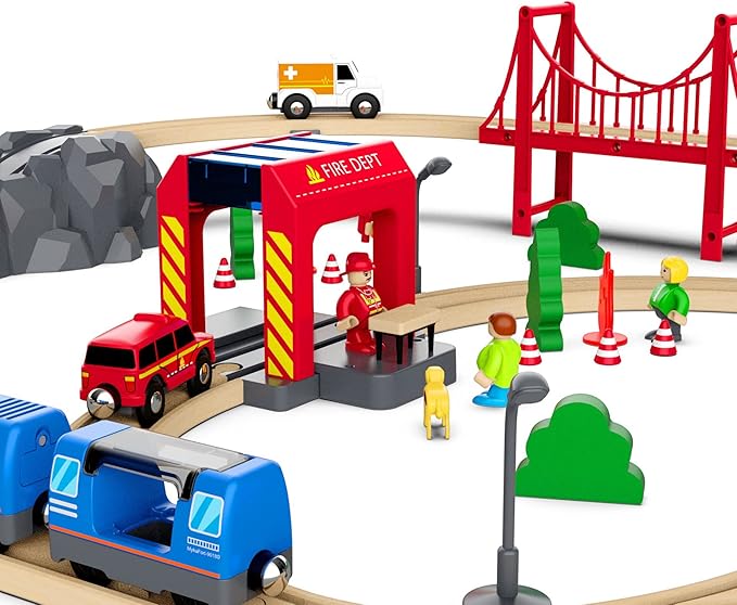 Wooden Train Track Expansion Pack, Train Accessories of City Fire Station Compatible for All Major Brands Train Set, Train Toys Railway System for Kids Ages 3 and Up.