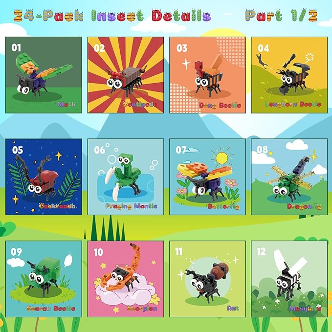 Party Favors for Kids 24 Pack Insect Building Sets, Bulk Educational Bug Blocks Toy for Valentines Day Classroom Prizes, Goodie Bags, Easter,Christmas, Birthday Party Gifts for Boys and Girls