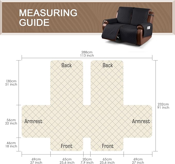 KinCam Waterproof Loveseat Recliner Cover, Non-Slip Reclining Couch Covers for 2 Seat, Recliner Sofa Cover Furniture Protector with Elastic Straps for Kids, Pets, Black