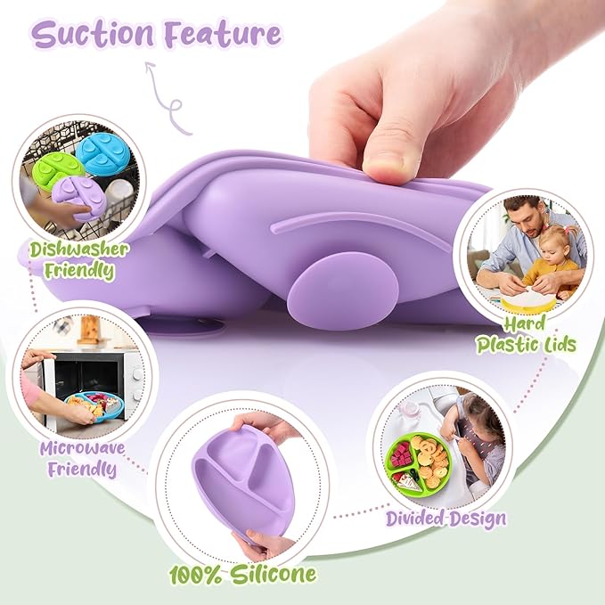 Meanplan 6 Pack Suction Plates for Toddlers with Lids Silicone Baby Plates set Food Grade Silicone Divided Design BPA Free Microwave and Dishwasher Safe Assorted Colors(Bright Colors)