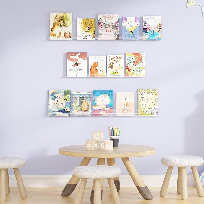 upsimples 8 Pack Vinyl Wall Mount Shelves, 12" Album Record for Storage & Display, Clear Acrylic Floating Shelf for Kids Bookshelf, Magazine Rack, Picture Ledge
