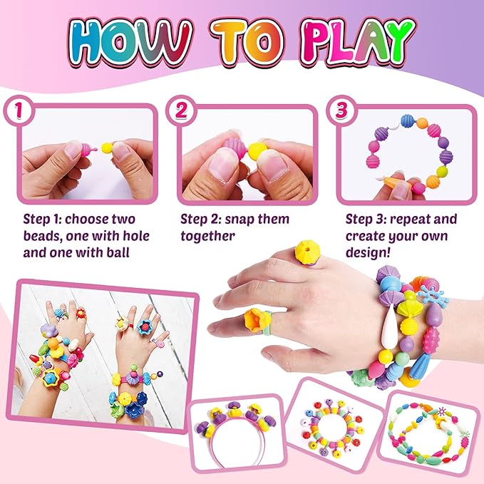 FUNZBO 850pcs Pop Beads - Jewelry Making Kit for 3 4 5 6 7 8 Year Old Little Girls, Arts and Crafts Toys for Kids, Necklace Bracelet Ring Hairband Creativity Snap Set Valentine Easter Birthday Gifts