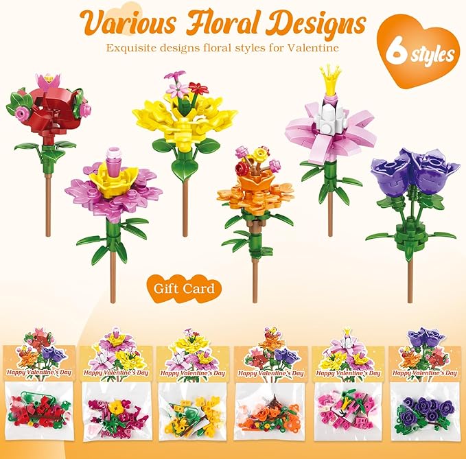 Valentines Day Gifts for Kids - 24 Pack Prefilled Valentine's Day Cards with Flower Building Blocks Crafts for School Classroom Class Party Favor, Valentines Gifts Bulk Exchange for Boys Girls Teens