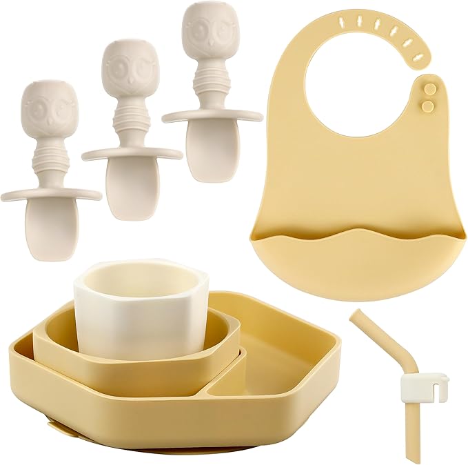 8PCS Baby Feeding Set,Silicone Baby Weaning Sets Baby Led Weaning Supplies Divided Plate Suction Bowl Cup with Straw Bib Feeder Spoons for 6+ Months (Yellow)