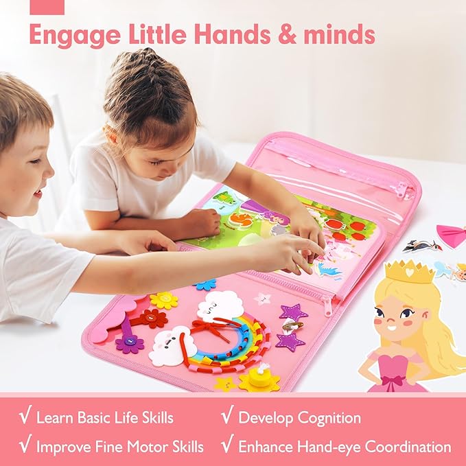 hahaland Montessori Toys for Ages 2-4, Busy Board 1-4 Year Old Girl Birthday Gift 17 in 1 Preschool Learning Activities with 12 Life Skill, Number,Shape,Dressup,Animal,Figures,Baby Girl