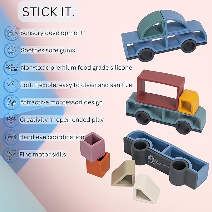 Stick It Montessori Food Grade Silicone Stacking Vehicles, 14 Pcs Toddler Baby Building Blocks Teether Educational Open Ended Shapes STEM Toy, 18+ Months (Set of 3 (Truck, Van, Car))