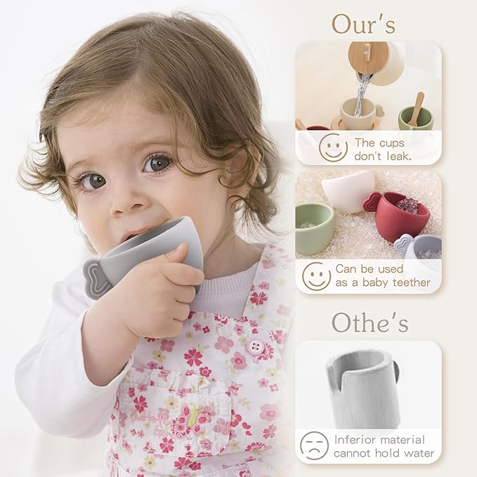 Wooden Tea Set for Little Girls, Enchanting Tea Party Set Silicone Tea Set Teapot Cups Carrying Scoop Kids Kitchen Accessories Toys Toddler Tea Set Girls Gift