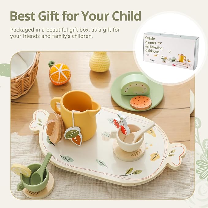 Tea Party Set for Kids - Wooden Tea Set for Little Girls 14PCS Silicone Toddler Tea Set Kitchen Accessories Pretend Play Toy Tea Set for Toddlers - Birthday Gift