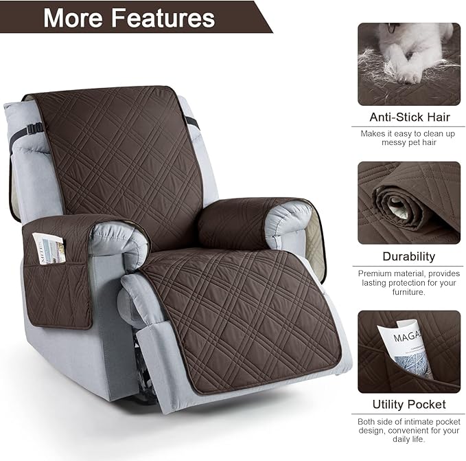 TAOCOCO 100% Waterproof Recliner Chair Cover, Non Slip Covers for Recliner Chair with Pocket, Washable Reclining Chair/Furniture Protector for Kids, Pets(Recliner Chair, Chocolate)