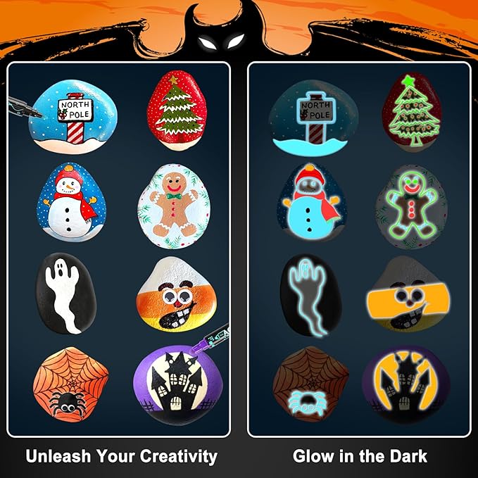 JULEASEL Rock Painting Kit, Glow in The Dark Rock Craft Paint Kits, Arts and Crafts for Kids Ages 6-12, Holiday DIY Crafts for Girls & Boys with Mess-Free Paint Pens Markers