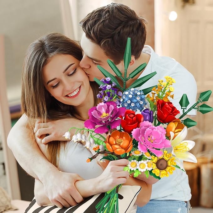 Flower Bouquet Building Set - 1000 PCS Bouquet Botanicals Collection Gift for Valentine's Day for Her and Him, 15 Artificial Flowers Building Blocks Home Plant Decor for Adults Women Birthday
