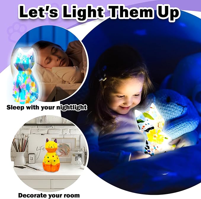 FUNZBO 2Pcs Paint Your Own Cat Lamp - Arts and Crafts for Kids Teens Adults, Art Supplies Painting Kits, Halloween Toy Gift for Girl Boy Ages 3+ Years Old