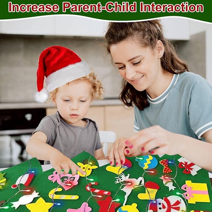 iGeeKid 4 Ft Led Felt Christmas Tree for Toddler Kids DIY Felt Christmas Craft Kits with 30 Ornaments 10ft Multi-Colored String Light Christmas Wall Hanging Decor Xmas Kids Gifts Party Supplies