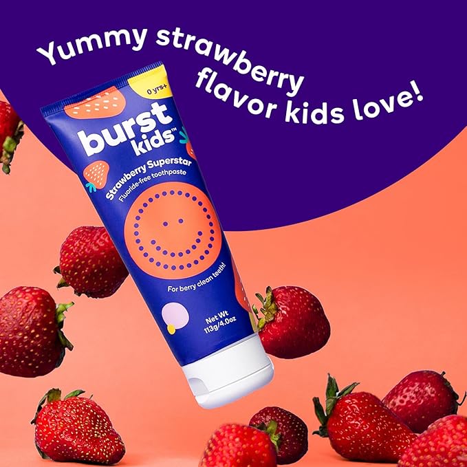 BURST Fluoride Free Strawberry Kids Toothpaste (4oz) | Great Tasting | Dye Free for Baby & Toddler Age 0+ | with Nano Hydroxyapatite