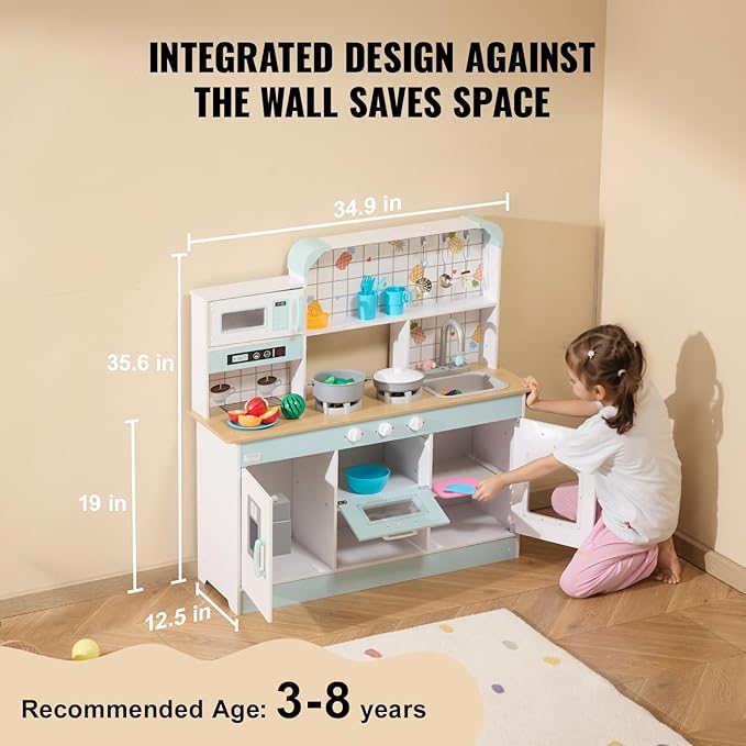 VEVOR Wooden Play Kitchen Toy, Play Kitchen for Kids with Lights and Sounds, Toddler Kitchen with Ice Maker, Oven, Sink, Microwaves, Fridge and Utensil and Fruit Accessory for Toddlers Ages 3-8, White