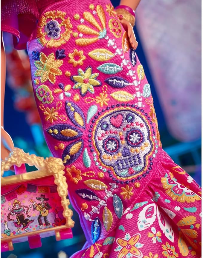 Barbie Signature Fashion Doll, 2023 Dia de Muertos Collectible Wearing Ruffled Pink Gown & Holding Tiny Ofrenda, Includes Doll Stand